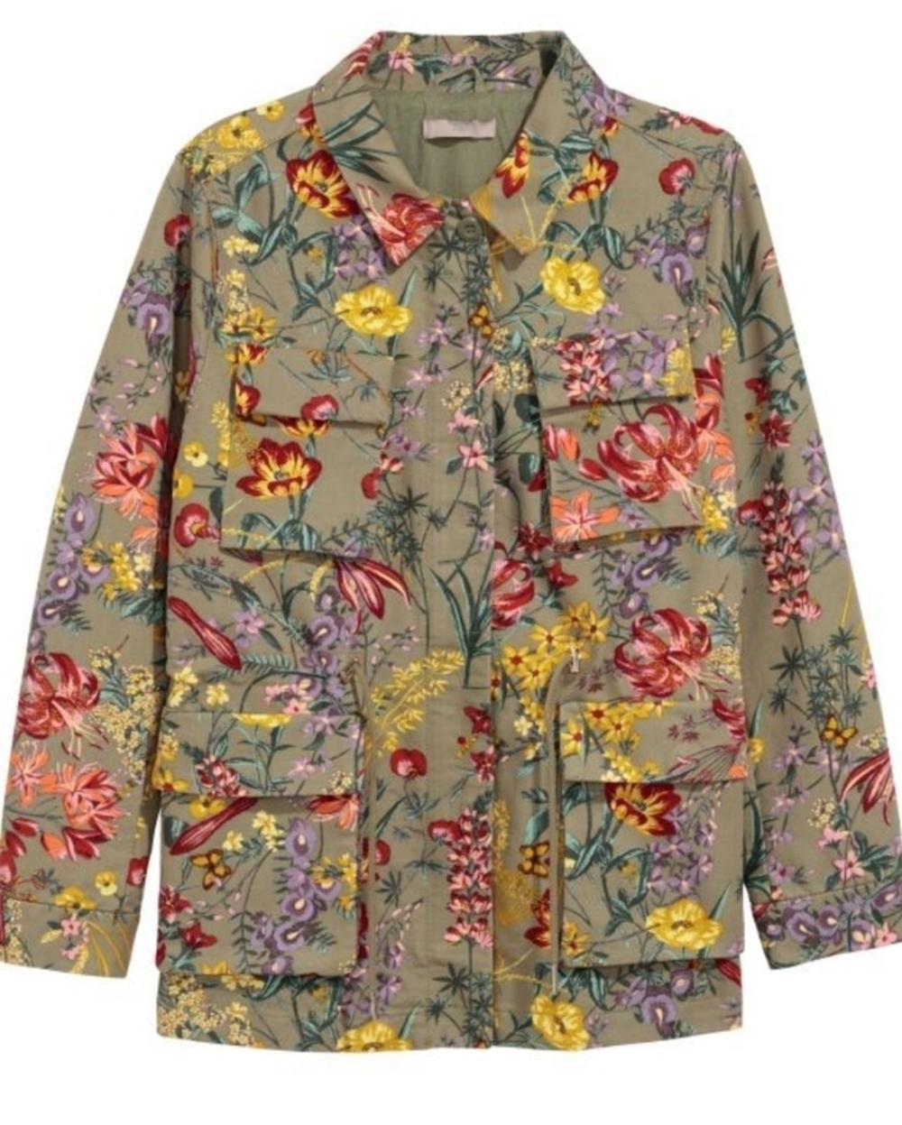 H&M Army Green Floral Utility Zip-Up Jacket Size Women's 4